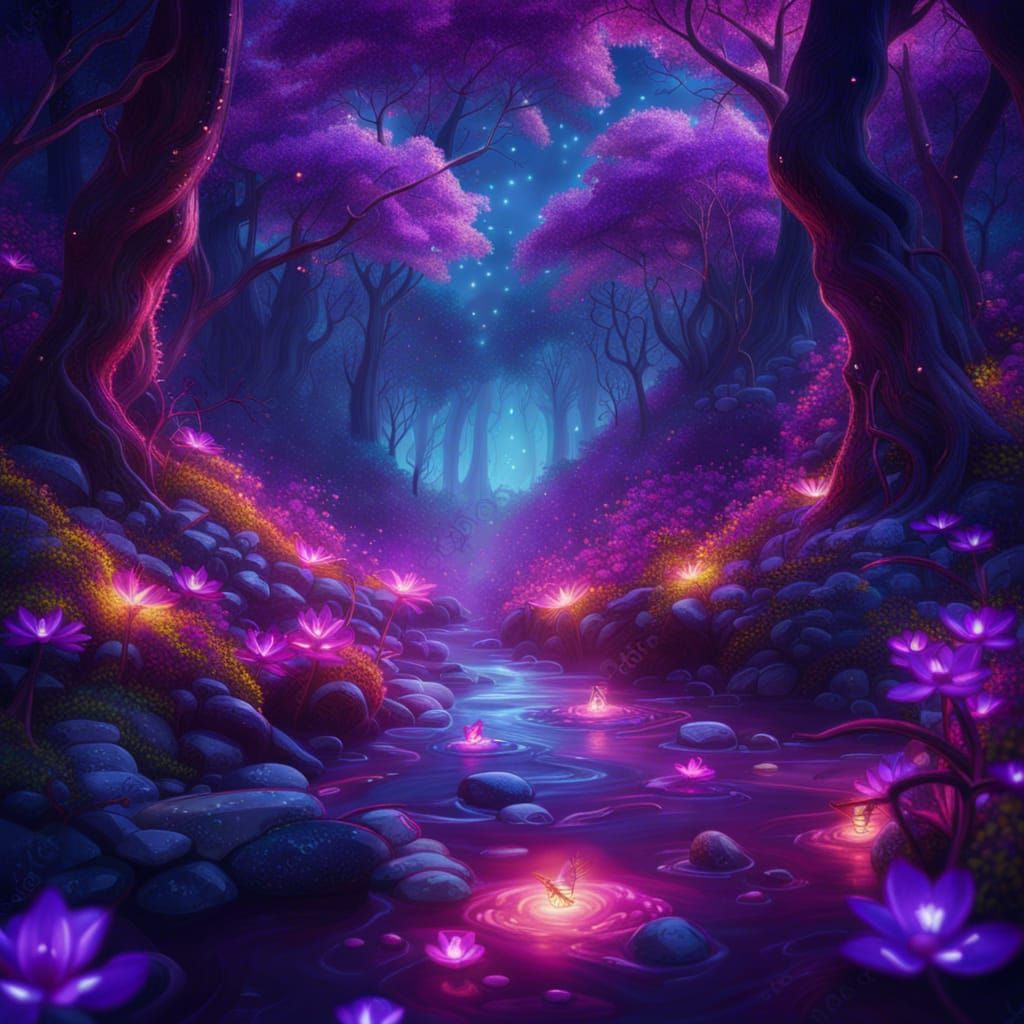 Magic Forest Stream with Fireflies in Fantasy Art