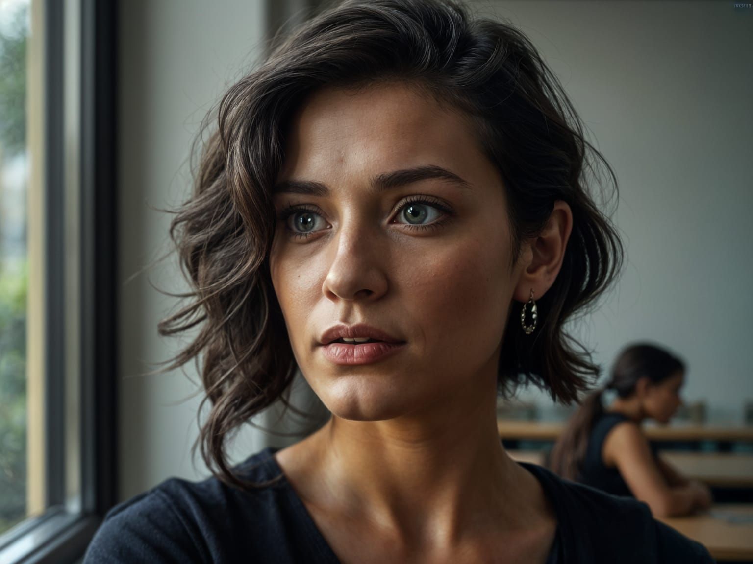 Elegant Teacher Lost in Thought in a Softly Lit Classroom