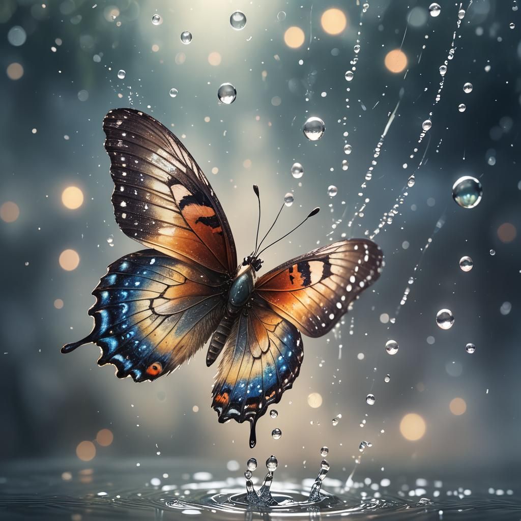 Butterfly Emerges from Water Droplet: 3D Salvador Dali Art