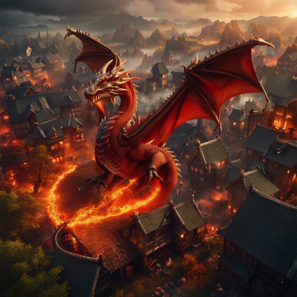 Fire Dragon Over Village: Detailed Matte Painting