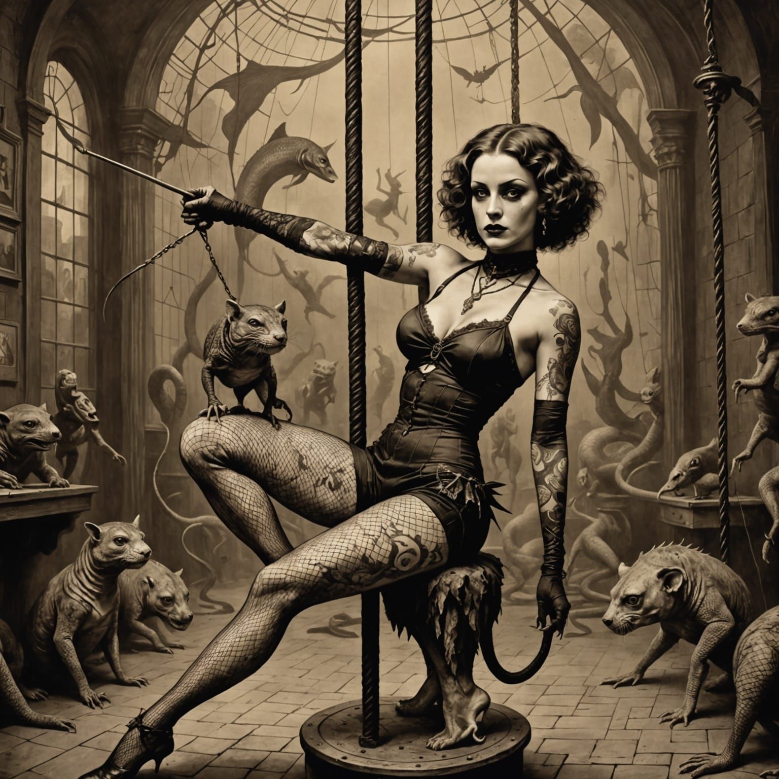 Horror Contortionist with Animal in Sepia Vintage Style