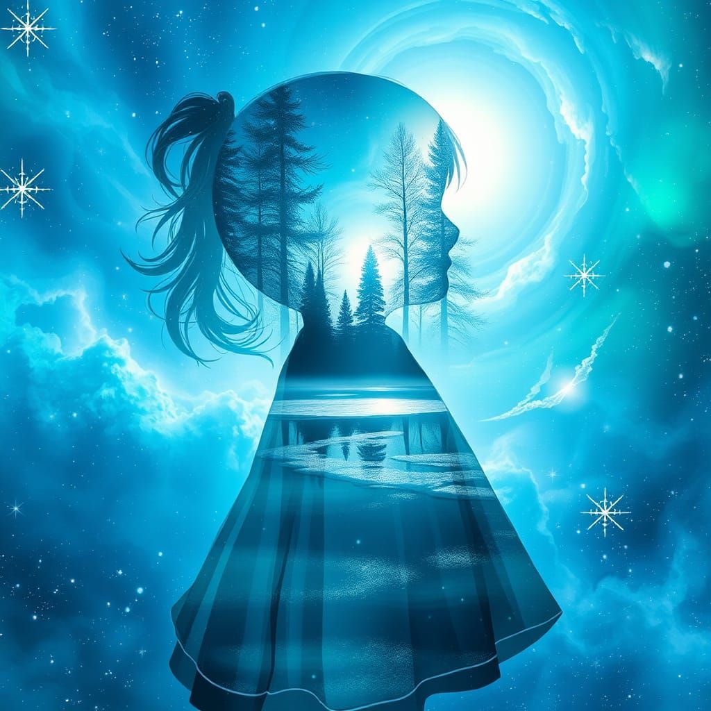 Dreamy Transparent Girl in a Cosmic Forest