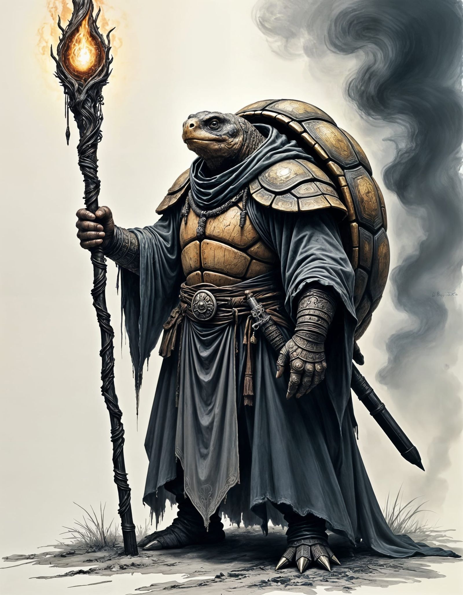 Tortoise Wizard with Magic Staff: D&D Style Ink Drawing