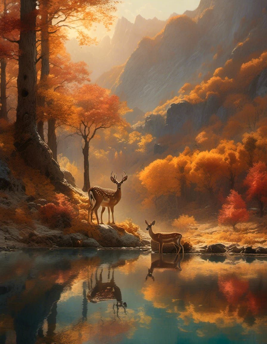 Doe and Fawn at Mountain Pool in Autumnal Light