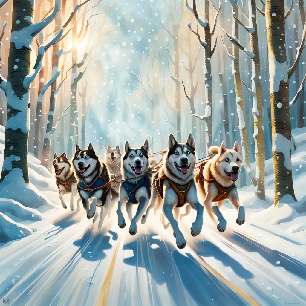 Surrealist Masterpiece: Whimsical Sled Dogs in Winter Wonder...