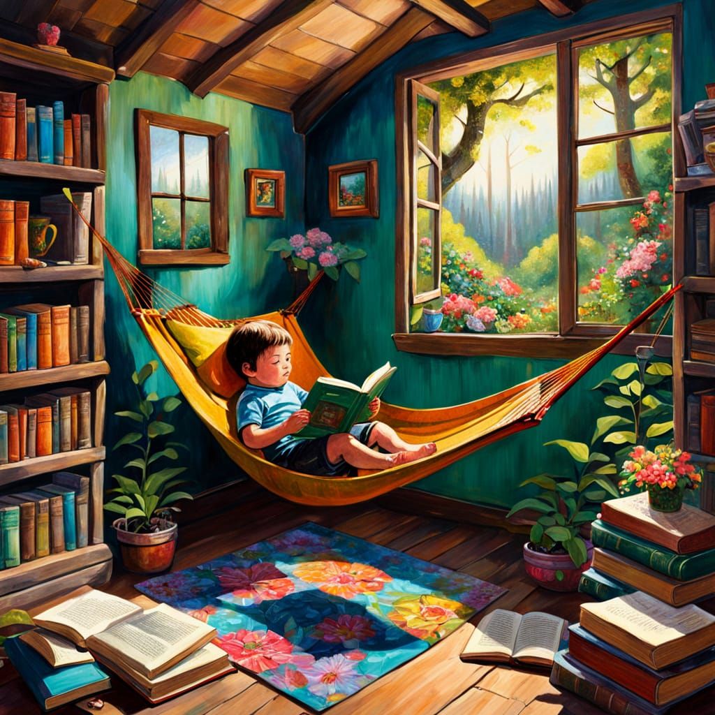 Toddler Reading in Cozy Attic Nook, Vivid Oil Painting
