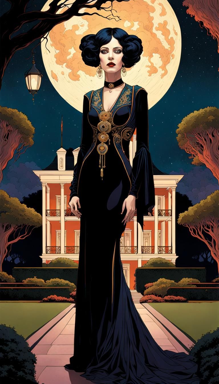 Gothic Vampire Woman in Noir Art Nouveau Style