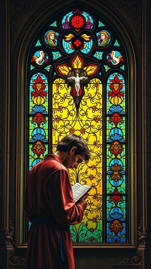 Man with His Head Bowed in Prayer in front of a Magnificent ...