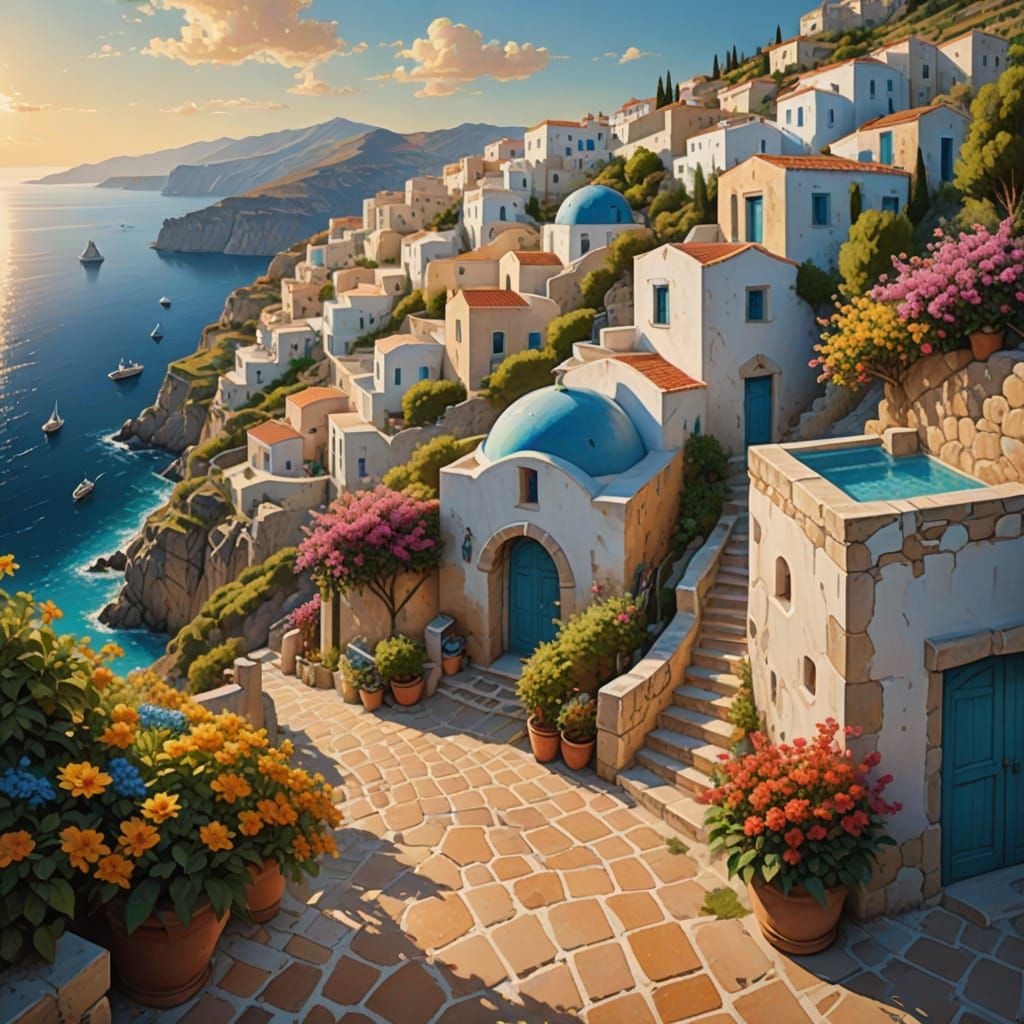 Vibrant Greek Village Landscape in Hyperrealistic Style