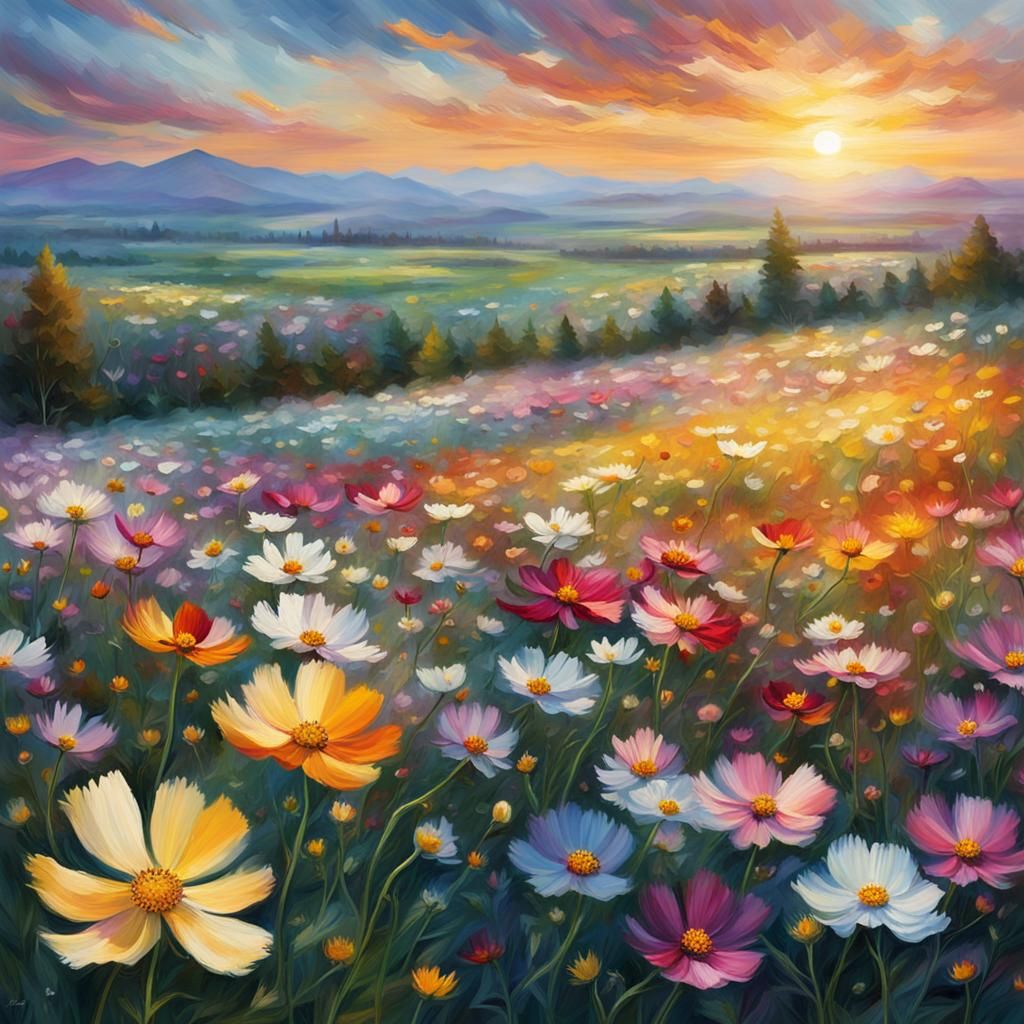 Cosmos Flower Field in Pastel Colors