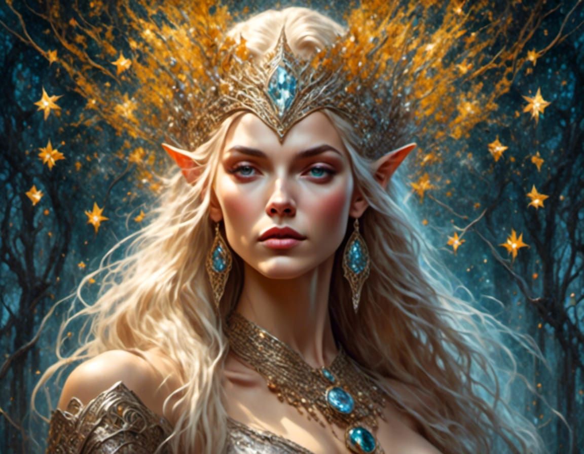 Elven Queen in Tree-City: Hyperdetailed Oil Painting