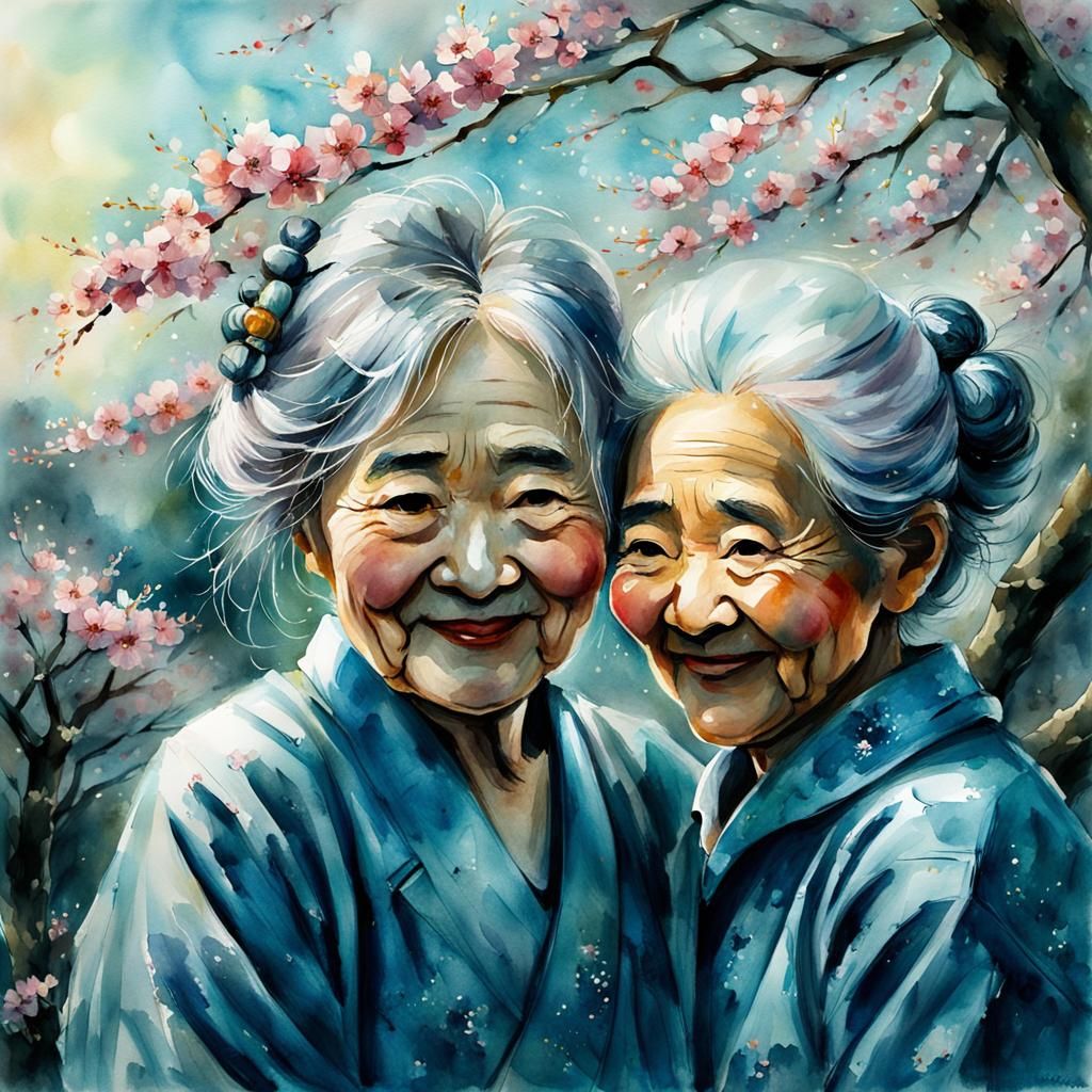 Watercolor: Japanese Girl and Grandma with Cherry Blossoms
