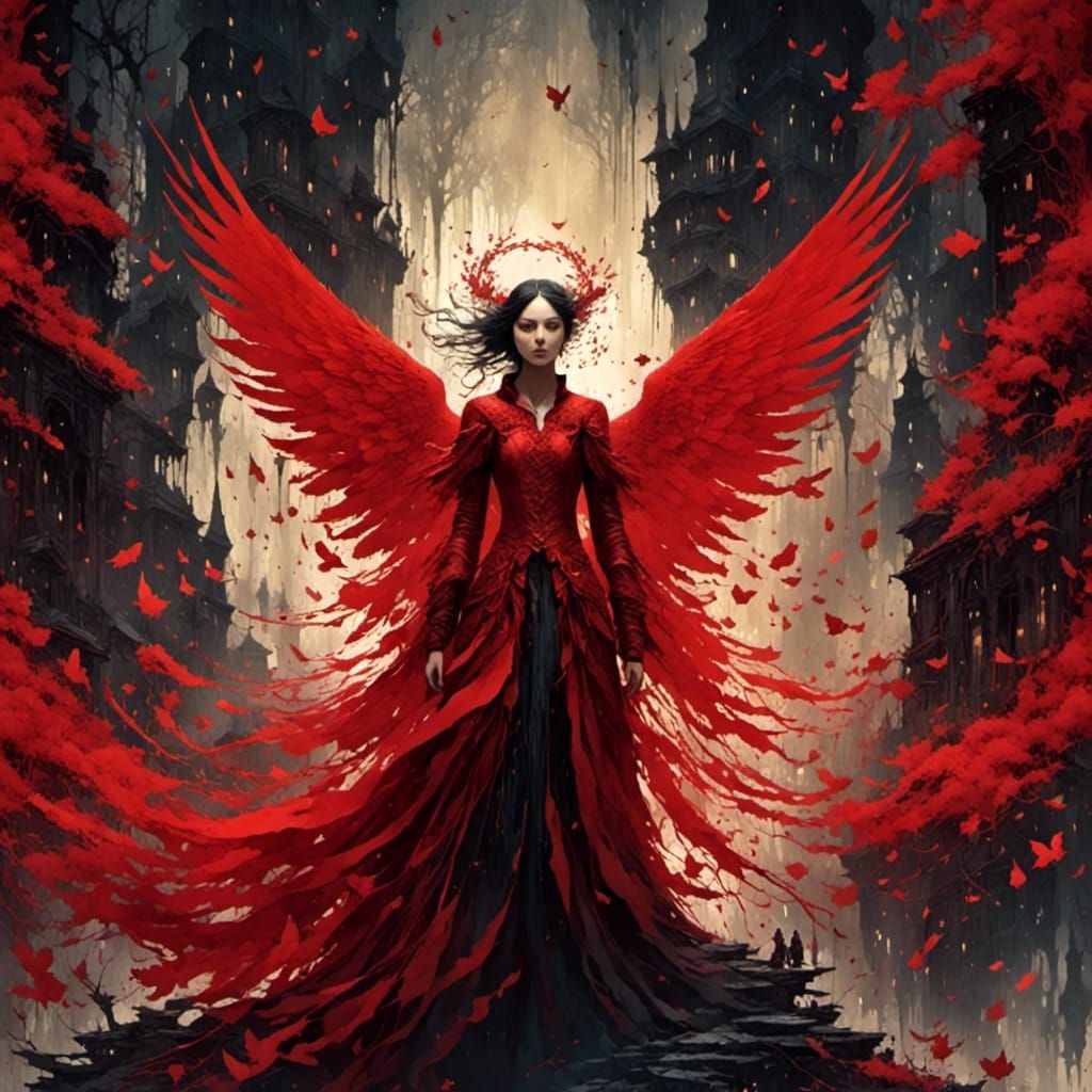Dramatic Red Fallen Angel With Detailed Wings