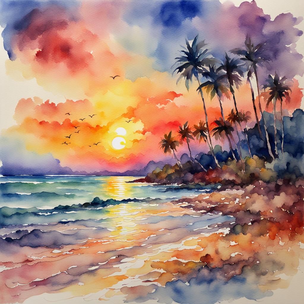 Beach Sunset Watercolor Painting in Monet Style