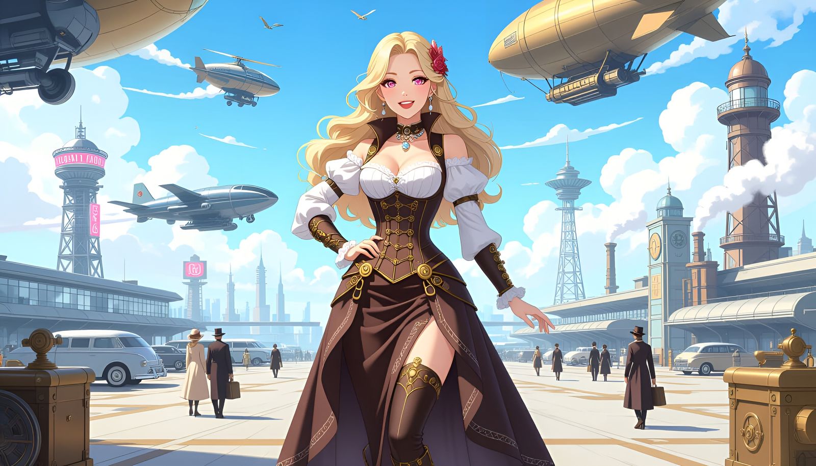 Steampunk Airport Scene with Elegant Woman in Anime Style