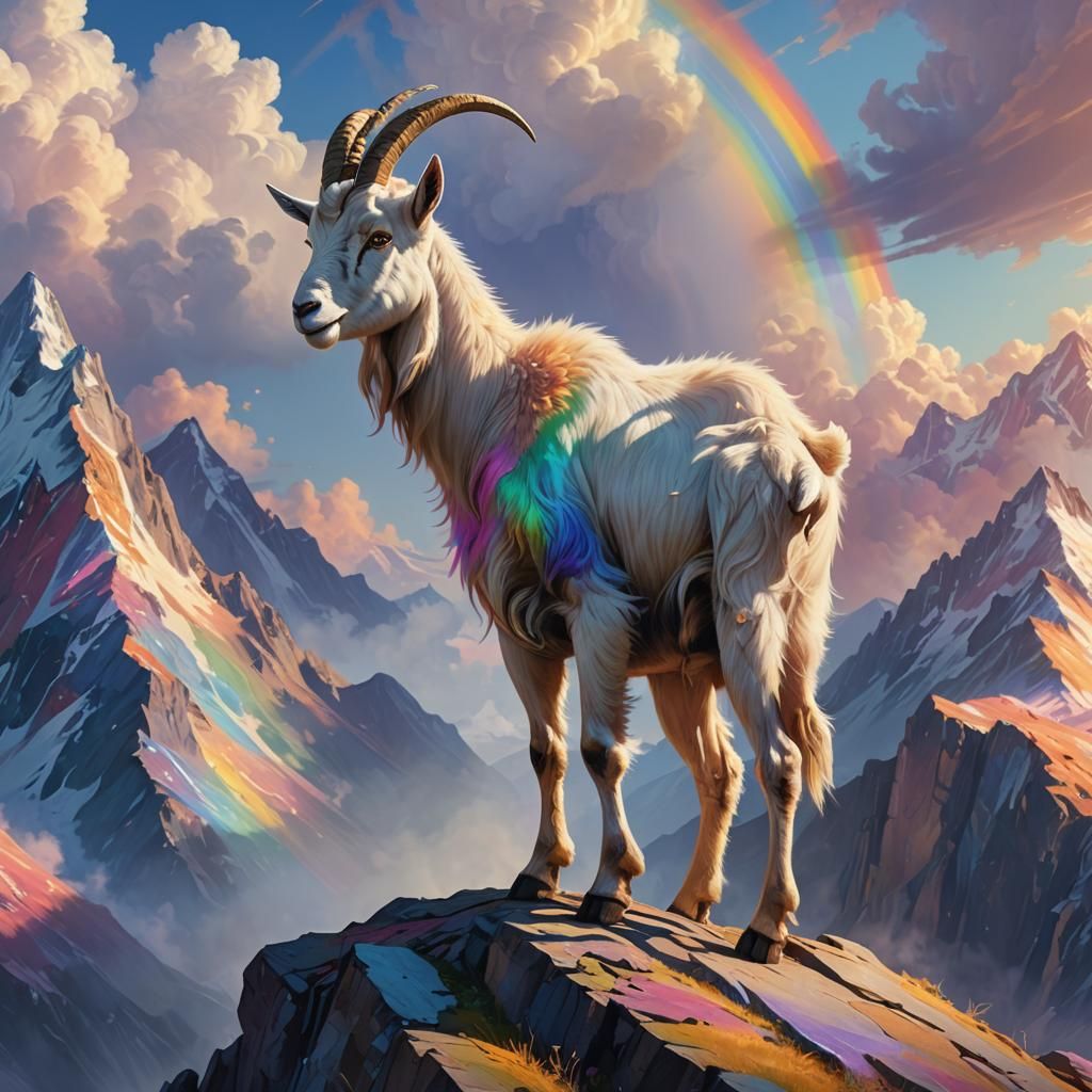 Rainbow Goat on Mystical Mountain in Dreamlike Style