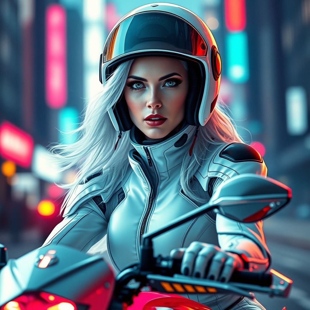 Regal Woman on Neon Motorcycle: 8k Concept Art
