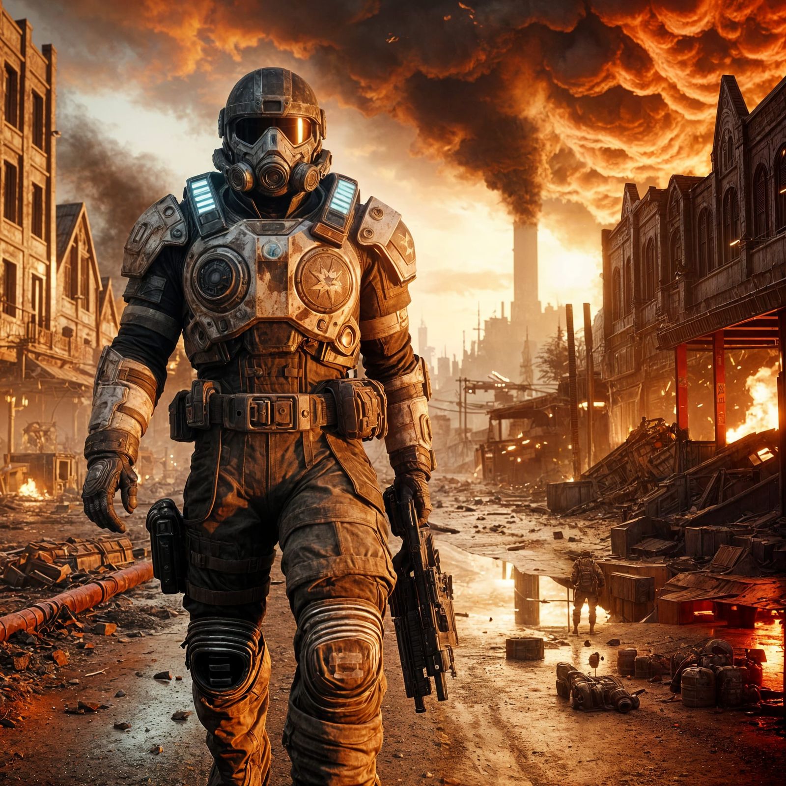 Futuristic Soldier in Post-Apocalyptic Cityscape