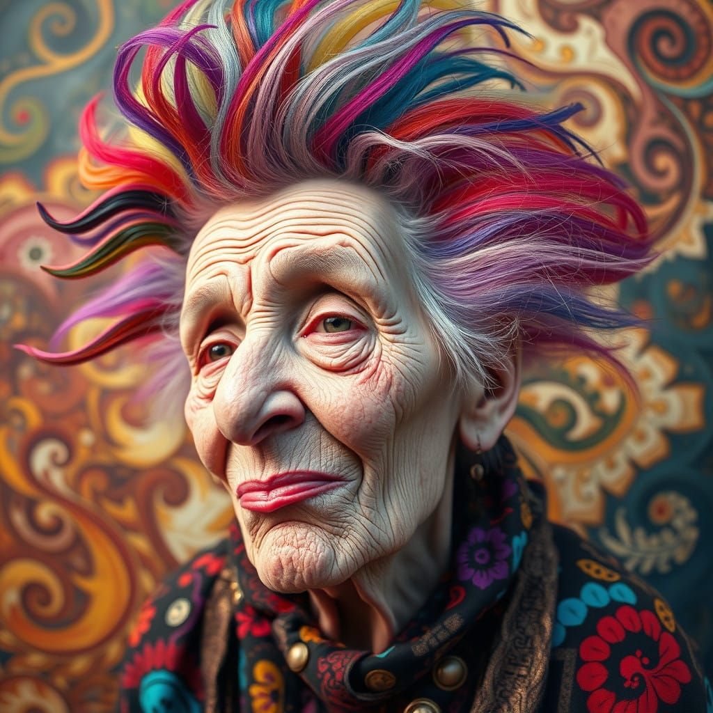 Whimsical Elderly Woman in Vibrant Dreamlike Scene