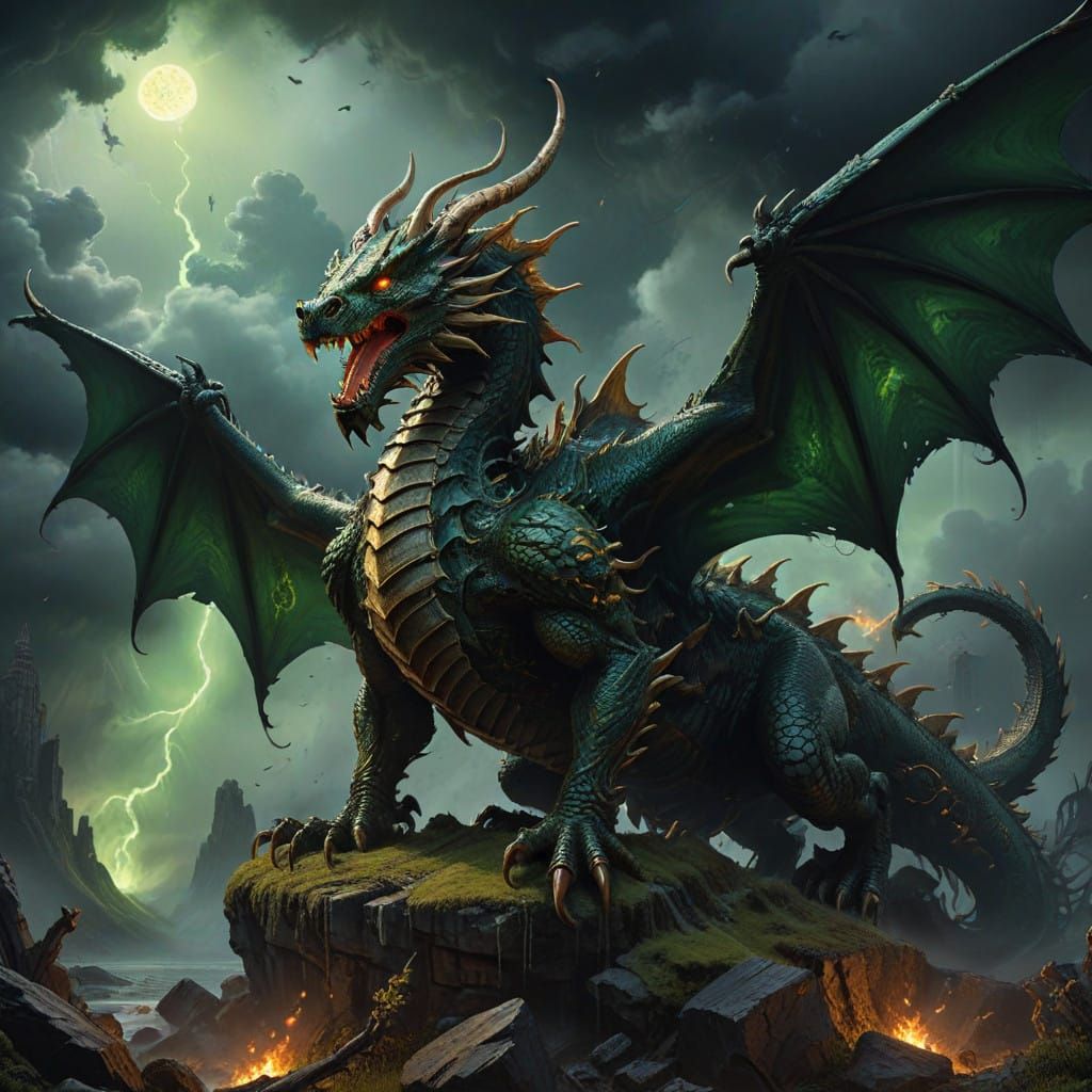 Luminous Gold Dragon Confronts Dark Mystical Forces in a Got...