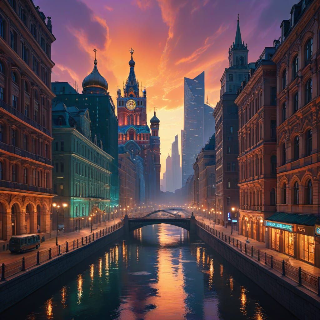Surreal Art Nouveau Cityscape at Dusk