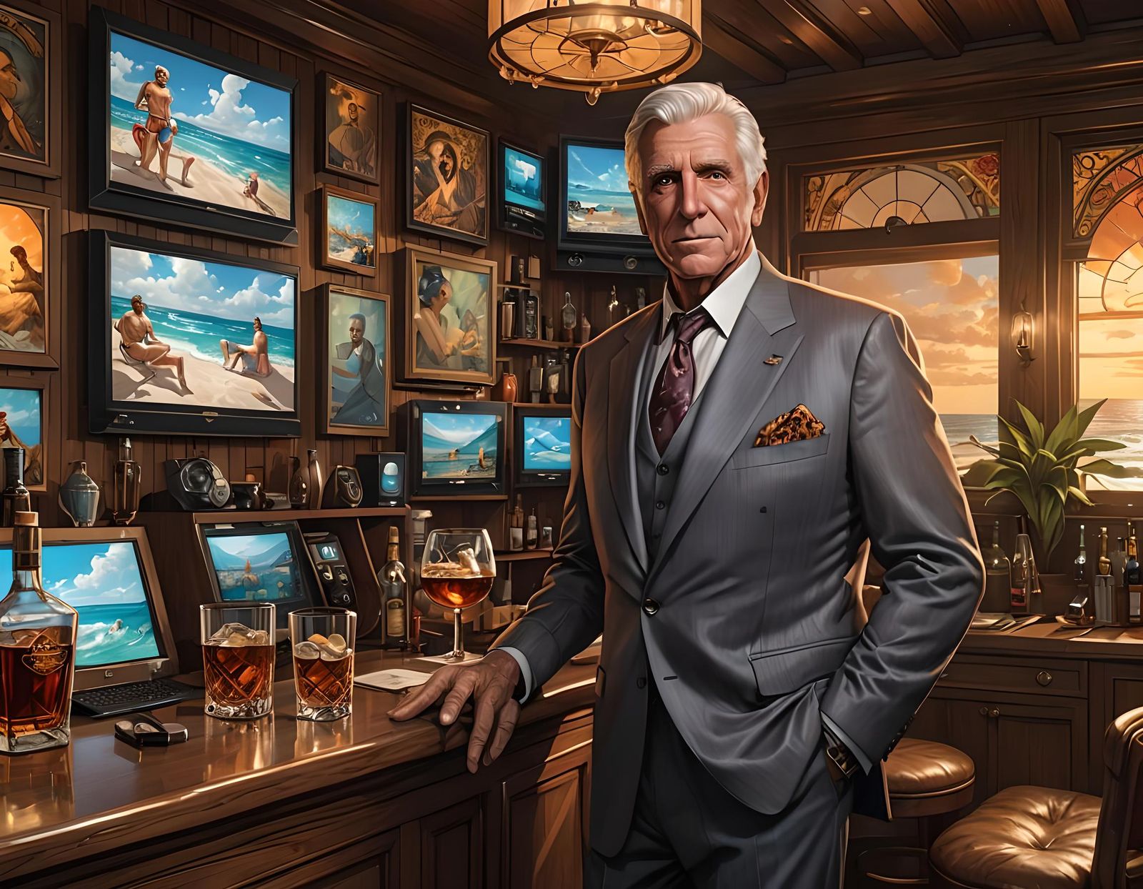 Leslie Nielsen Portrait with Bourbon and Monitors
