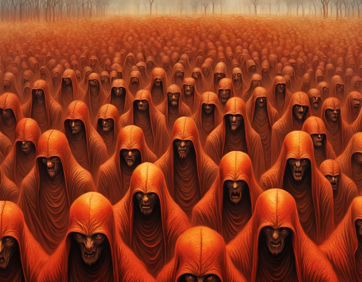 An army of monsters in battle against an army of robed warriors Photorealistic hyperdetailed Zdzisław Beksiński Horde3D ...