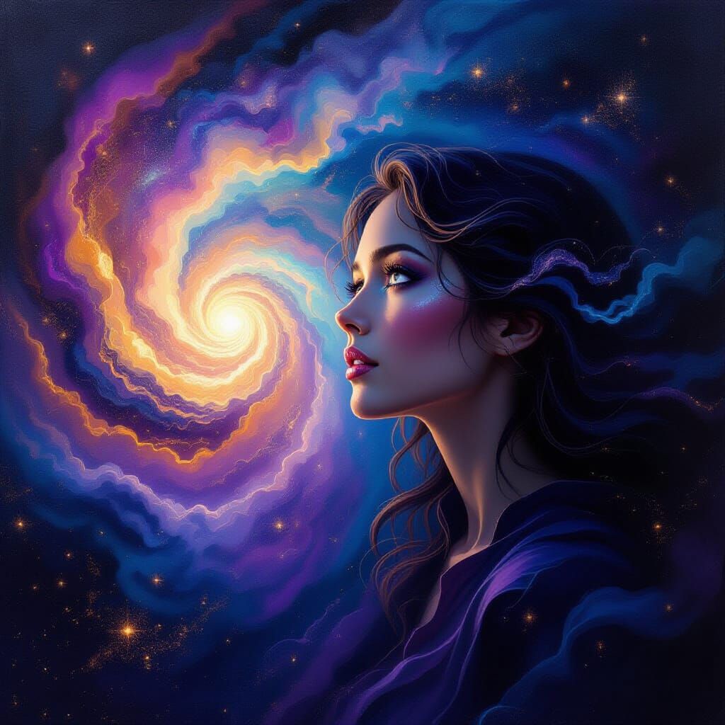 Mystical Figure Gazing into Cosmic Nebula