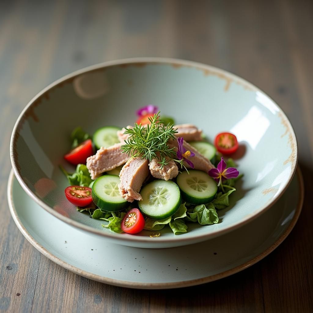 Minimalist Tuna Salad Still Life with Edible Flowers