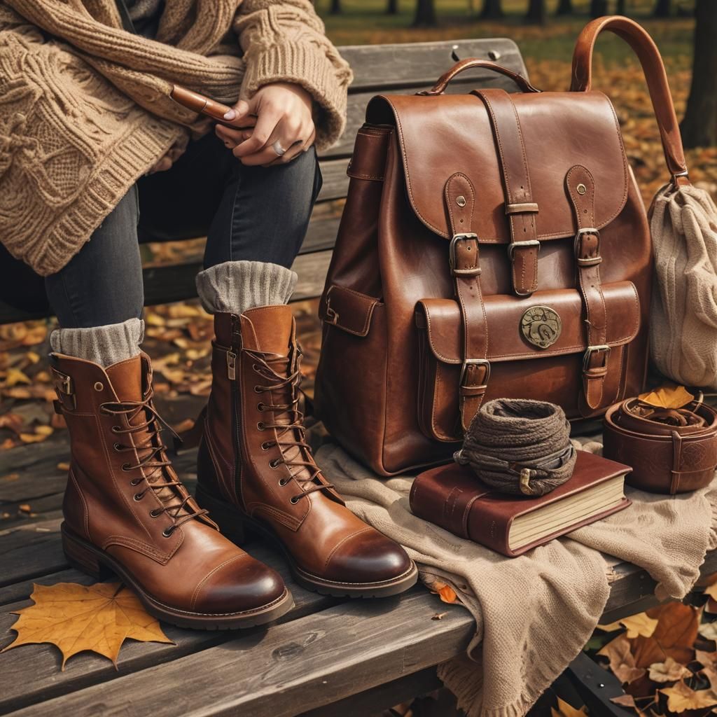 Handcrafted Leather Accessories on Park Bench in Autumn