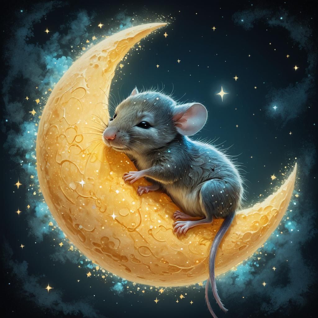 Mouse Sleeping on Moon in Whimsical Cartoon Style