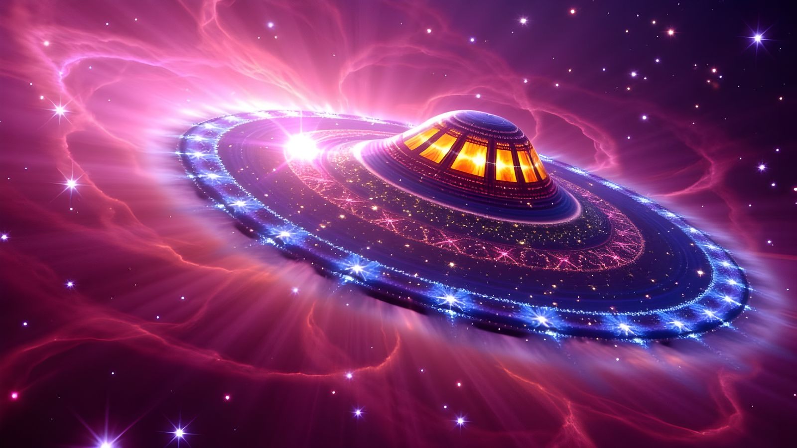 Sacred UFO Approaches Through Pink Violet Nebula