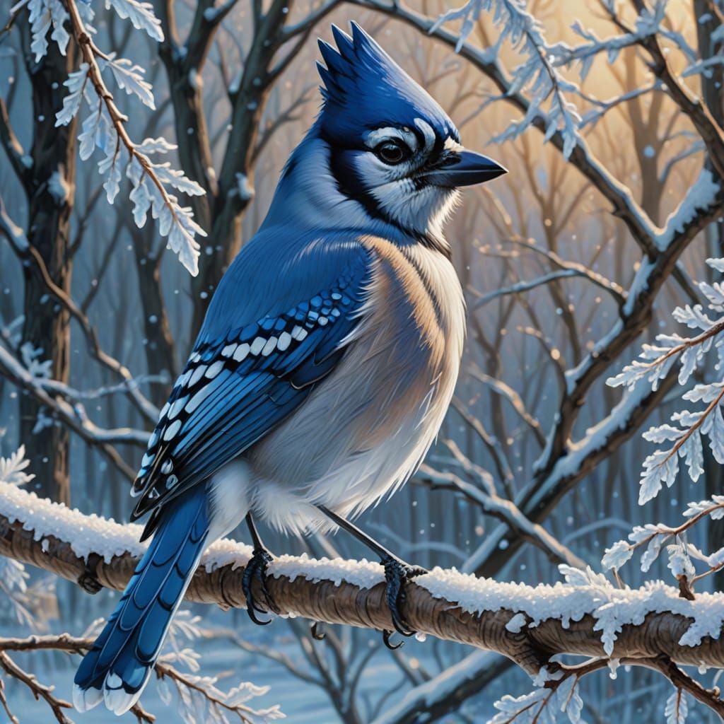Blue Jay on Frozen Branch in Winter Landscape