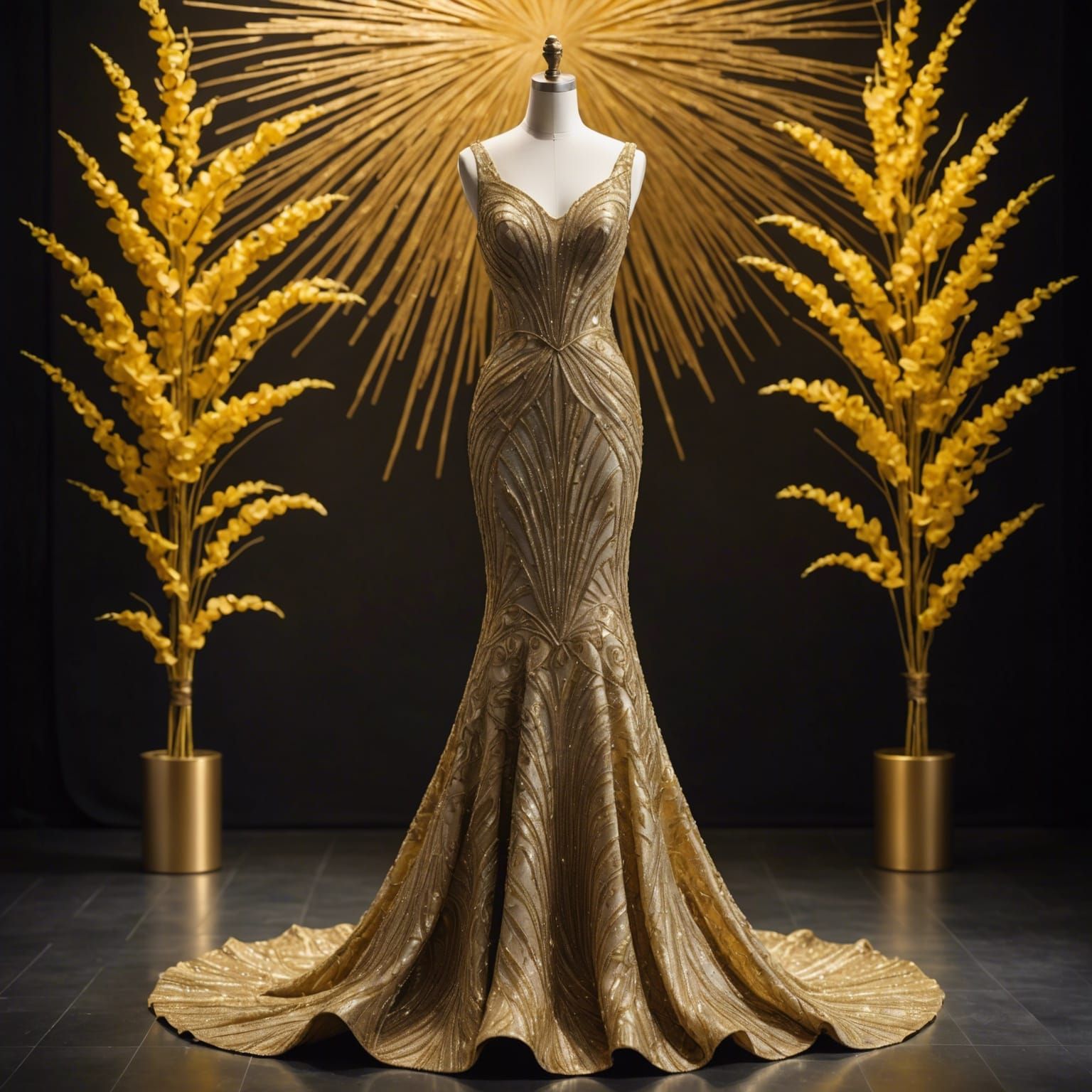 Elegant Mannequin in Golden Gown with Sunburst Backdrop