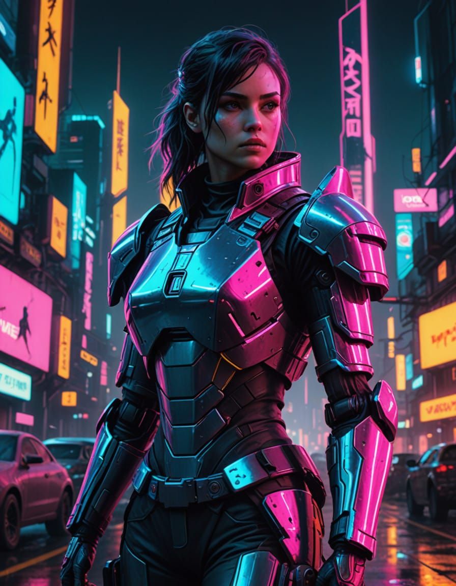 Cyberpunk Female Knight in Neon Retro Futuristic Armor
