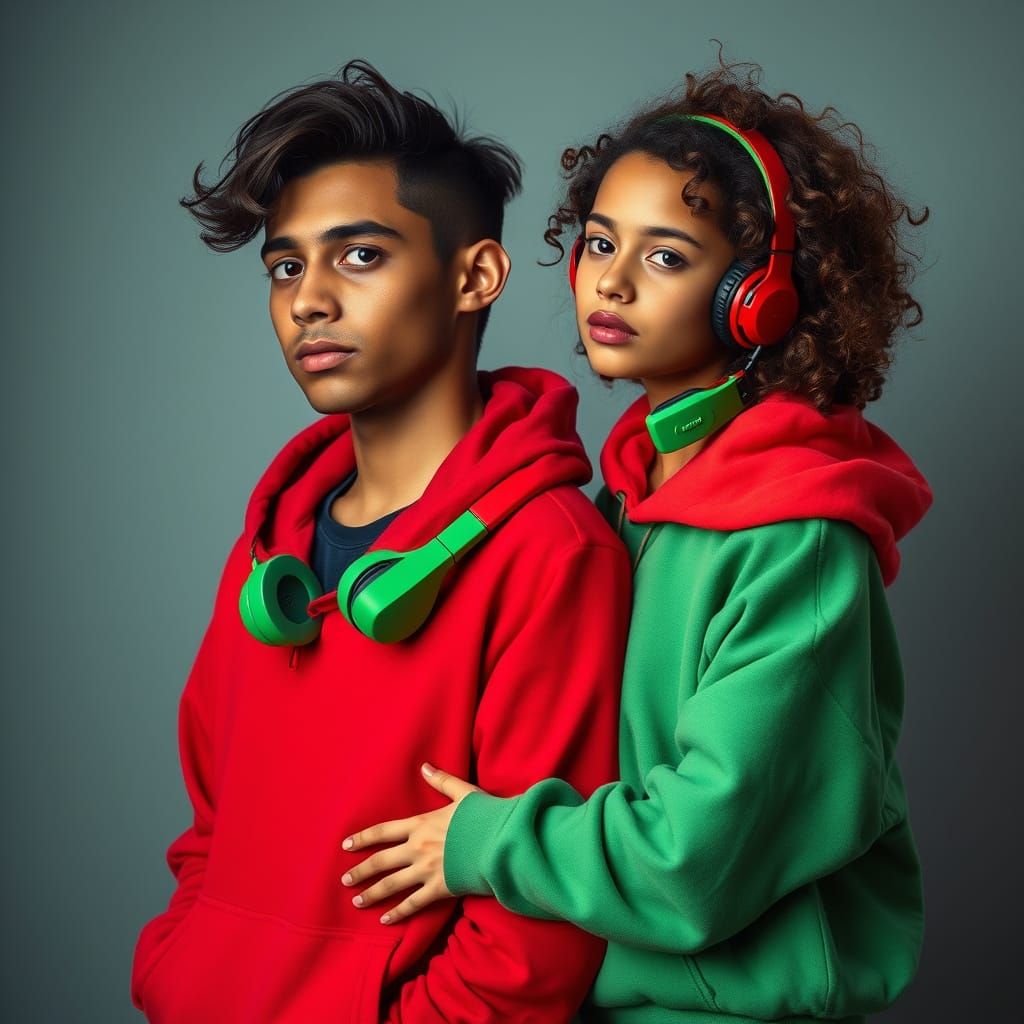 Tall Boy with Arm Around Curly Brown Girl in Matching Gaming...