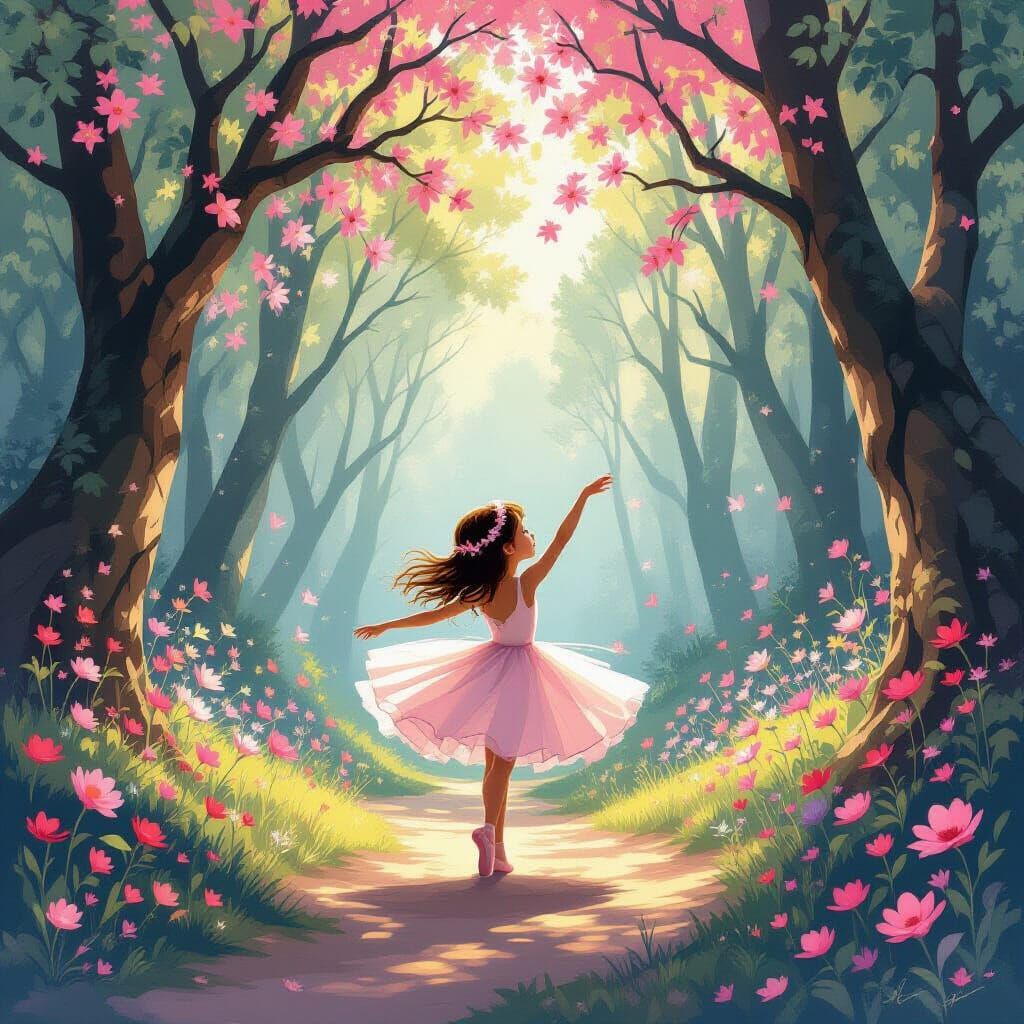 Girl Dancing in Pink Flower Trail, Whimsical Illustration St...