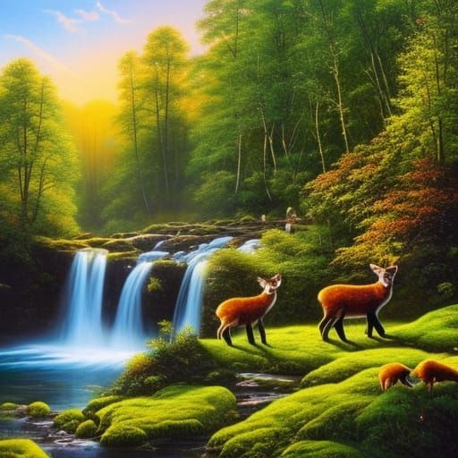Lush Waterfall Scene in Oil Painting Style