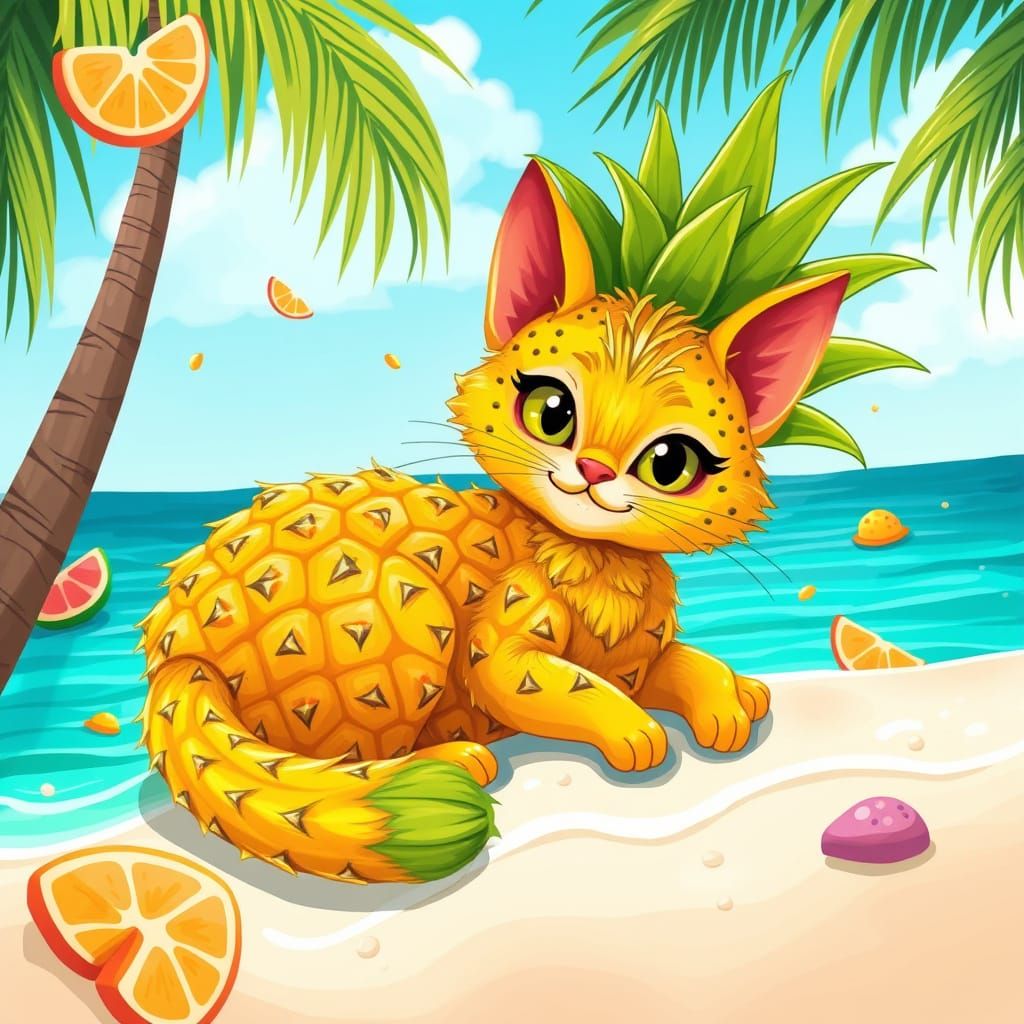 Vibrant Whimsical Pinecat on Tropical Beach