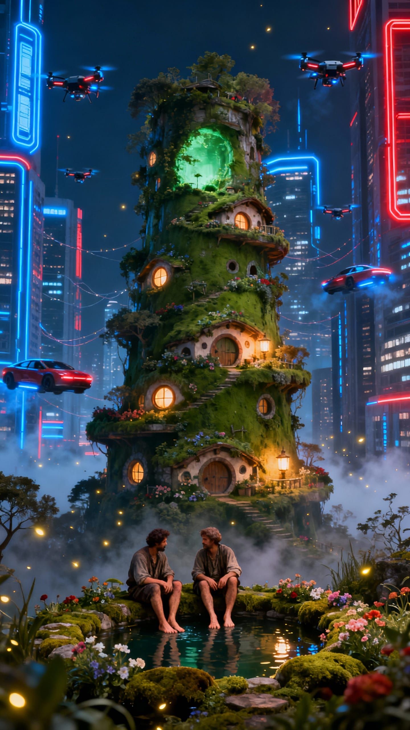 Futuristic Vertical Shire with Hobbit Homes