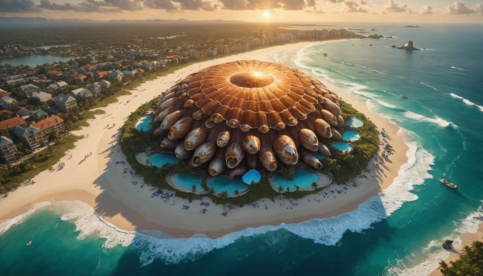 Giant Seashell Paradise: Microscopic Surfers at Sunset