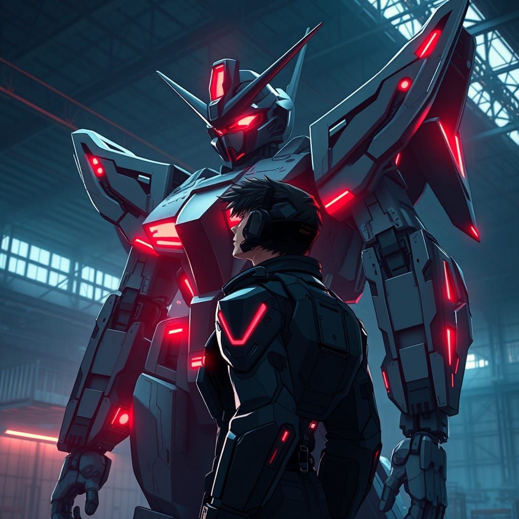 Cyberpunk Gundam Pilot in a Futuristic Warehouse