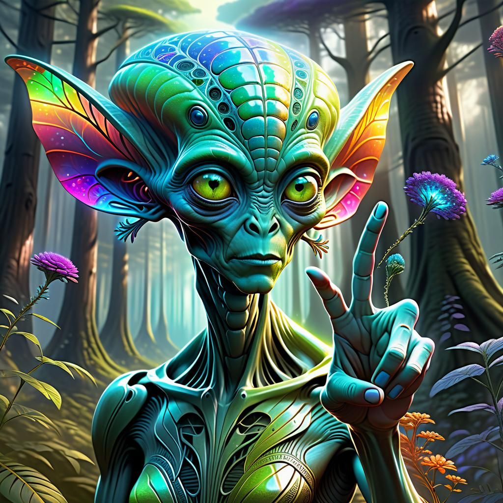 Alien Portrait in Magical Forest, Pencil Sketch Style