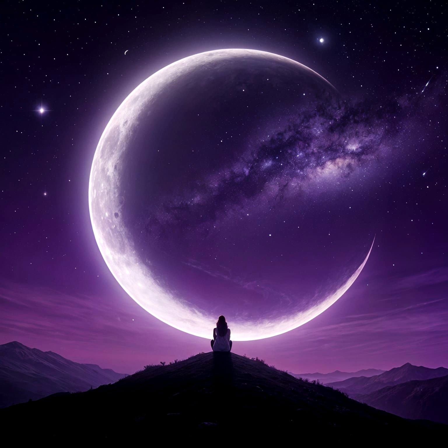 Woman Silhouetted by Giant Moon Under Purple Starry Sky