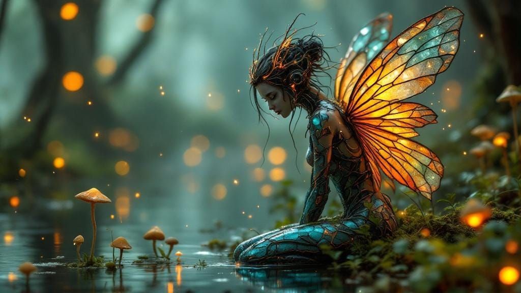 Biomech Fairy in Bioluminescent Swamp, Hyperrealistic Art