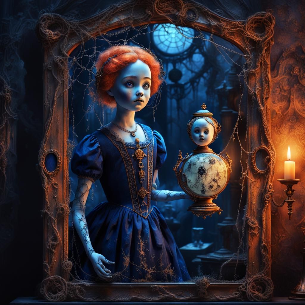 Dark Fantasy Mirror Reflects Cursed Porcelain Doll