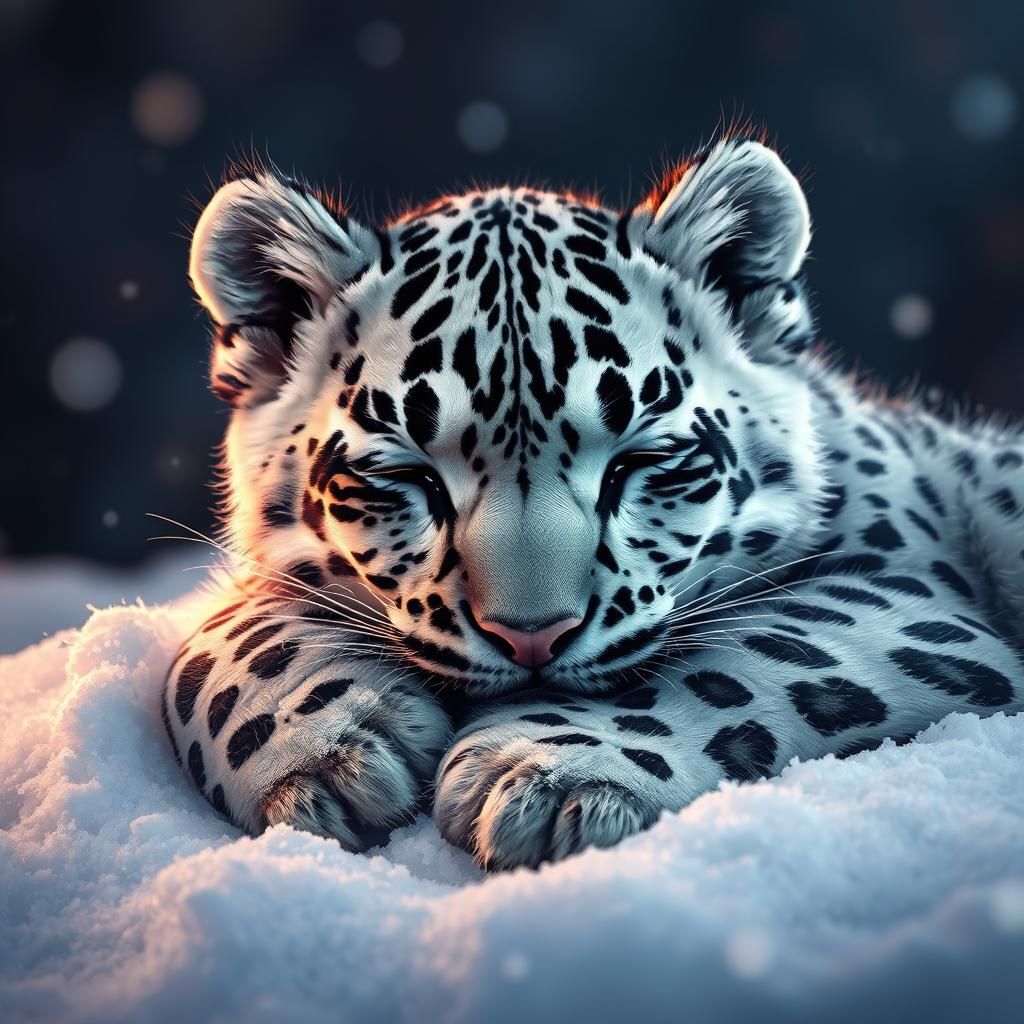 Adorable Baby Snow Leopard Sleeping in Snow
