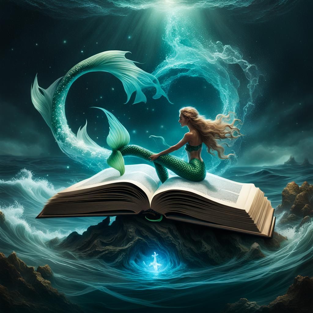 Magical Mermaid Emerges from Book in Digital Art