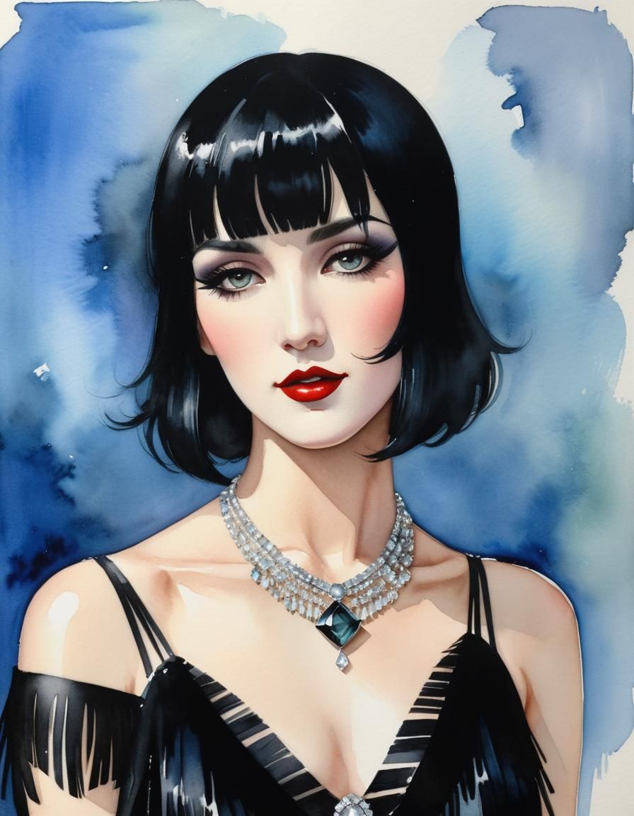 Flapper Girl with Gemstone Pendant in Watercolor Style