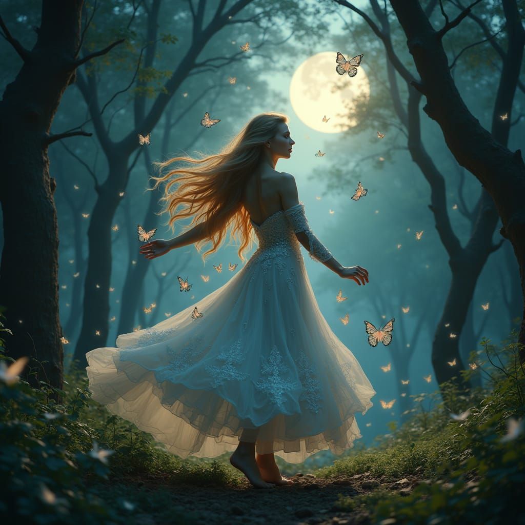Ethereal Woman in Moonlit Forest Dance